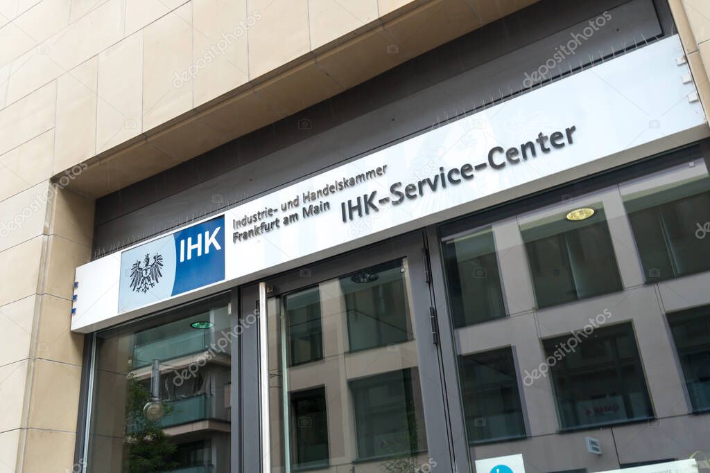 Frankfurt am Main, Germany - June 28, 2020: Signage of the Service Center of the Industrie- und Handelskammer (IHK) in Frankfurt am Main, English for Chamber of Commerce and Industry