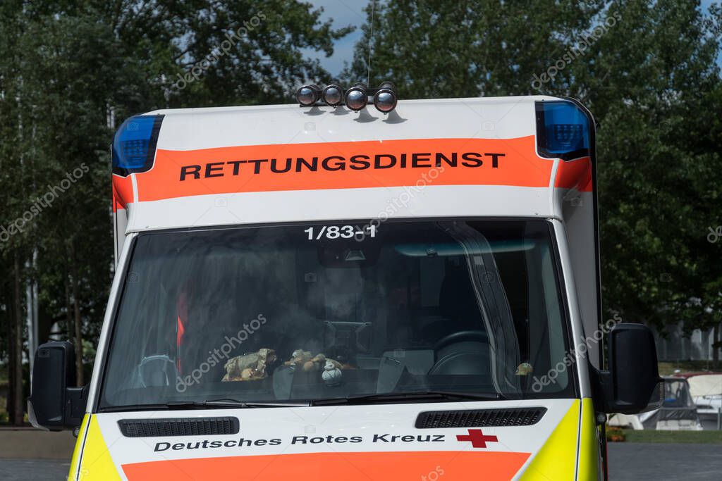Heilbronn, Germany - July 10, 2020: Ambulance service first aid by the German Red Cross (Deutsches Rotes Kreuz). The German Red Cross, or the DRK, is the national Red Cross Society in Germany