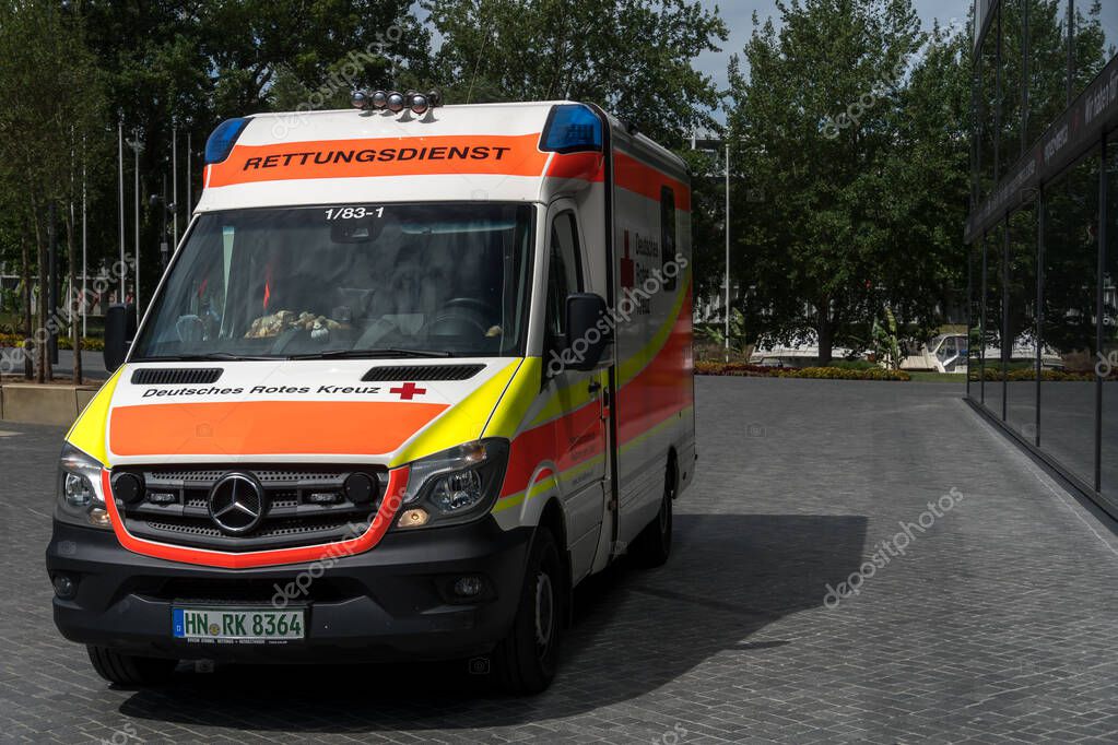 Heilbronn, Germany - July 10, 2020: Ambulance service first aid by the German Red Cross (Deutsches Rotes Kreuz). The German Red Cross, or the DRK, is the national Red Cross Society in Germany