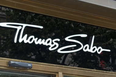 Prague, Czech Republic - July 23, 2020: Signage of Thomas Sabo GmbH & Co. KG, a German manufacturer of jewellery and watches clipart