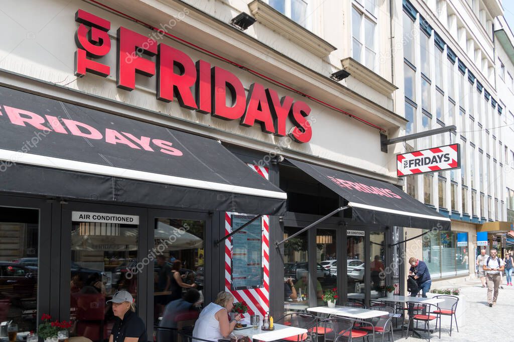 Prague, Czech Republic - July 23, 2020: Signage of TGI Fridays American restaurant