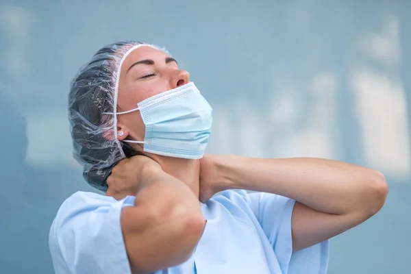 Neck Muscle Strain Portrait Tired Suffering Doctor Woman Massaging Her — Stock Photo, Image