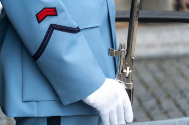 Prag, Çek Cumhuriyeti - 25 Temmuz 2020: Prag Şato Muhafızı yaz üniforması içinde görev yapıyor. Şato Muhafızları Çek Cumhuriyeti Silahlı Kuvvetleri 'nin özel ve özerk bir birimidir.