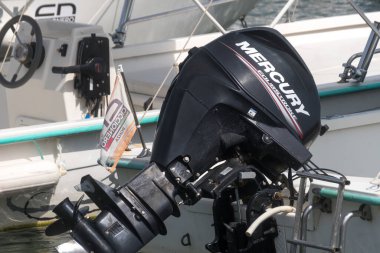 Fregene, İtalya - 30 Ağustos 2020: Mercury Marine Outboard motoruName