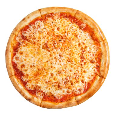 Beyaz arka plan üzerinde izole peynir üst görünümü ile Pizza margarita
