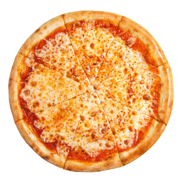 Pizza margarita avec vue sur le dessus du fromage isolé sur fond blanc — Photo
