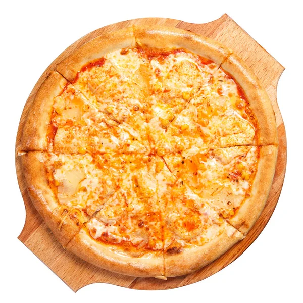 Pizza Margherita Üst Görünüm Ahşap Tahta beyaz arka plan üzerinde izole