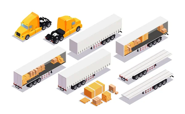 Set-Element Frachtverkehr. flache 3d isometrische hochwertige städtische Verkehrsmittel. Lastkraftwagen, Anhänger. — Stockvektor