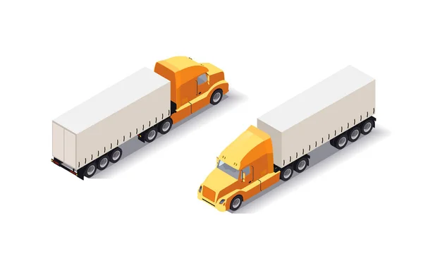 Изометрический трейлер грузовика с товарами. Груз доставляет автомобиль на белом фоне. Быстрый транспорт. Плоская иллюстрация . Лицензионные Стоковые Иллюстрации