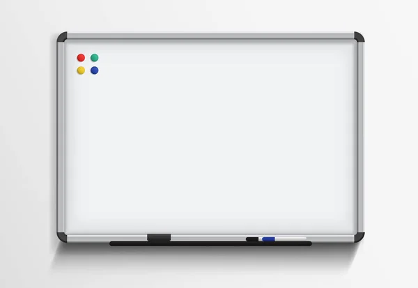 Белая доска с маркером и магнитами. Векторный реалистичный шаблон на белом фоне . Стоковая Иллюстрация