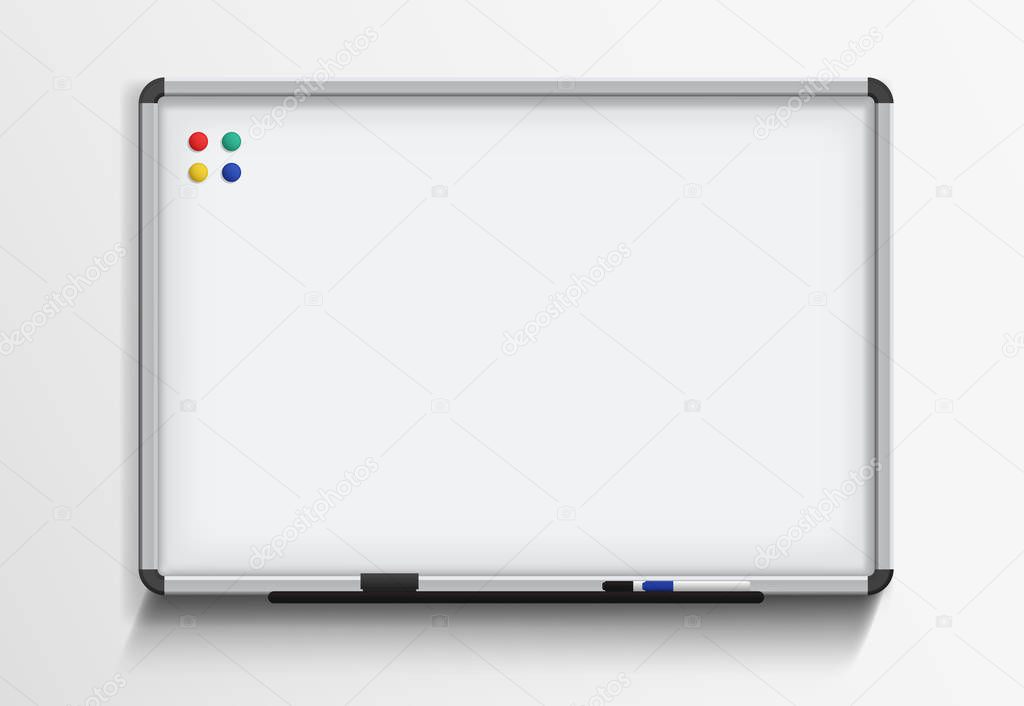 Whiteboard with marker and magnets. Vector realistic template on white background.