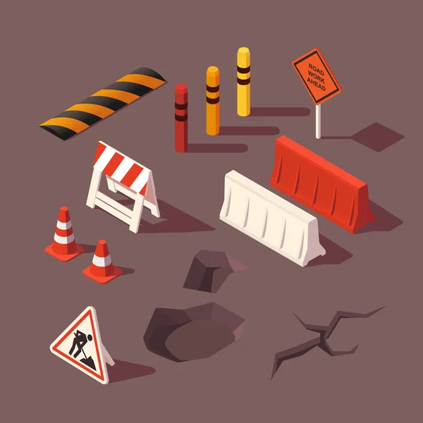 Isometric set of road repair for infographics. Road work ahead sign. Illustration dor 3D sity map. — Stock Vector
