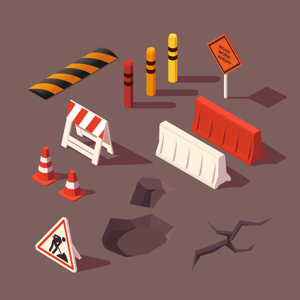 Isometric set of road repair for infographics. Road work ahead sign. Illustration dor 3D sity map.
