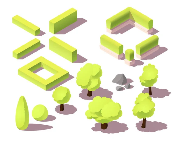 Isometric set of trees and hedges for city map. Park plants, bush, urban landscape, small rocks. — Stock Vector