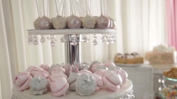 Яркие красивые разноцветные миндальные печенья макароны на красивой тарелке — стоковое видео