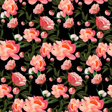 Siyah zemin üzerine kırmızı ve turuncu gül sorunsuz çiçek desenli ile. Klasik arka plan yükseldi. Vektör çizim.