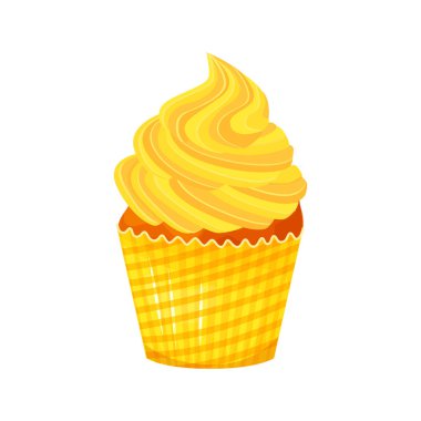 Vektör karikatür tarzı çizim tatlı kek. Lezzetli tatlı tatlı sarı krem ile dekore edilmiştir. Beyaz arka plan üzerinde izole kek.