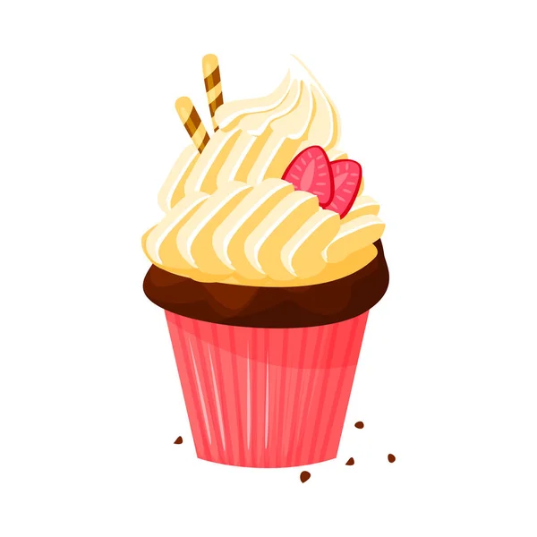 Ilustração estilo desenho animado vetorial de cupcake doce. Deliciosa sobremesa doce decorada com creme e morango. Muffin isolado no fundo branco . —  Vetores de Stock