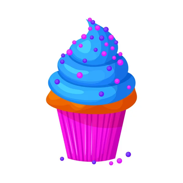 Vector cartoon style illustration of sweet cupcake. Delicious sweet dessert decorated with blue creme and sprinkles. Muffin isolated on white background. — Stock Vector