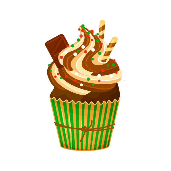 Sweet Christmas and New Year chocolate cupcake with chocolate cream. Creative element for your design. Vector illustration. — Stock Vector