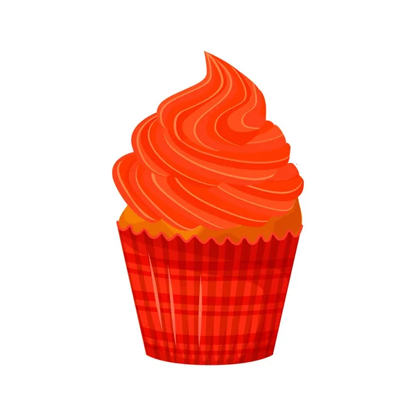 Ilustración de estilo de dibujos animados vectoriales de cupcake dulce. Delicioso postre dulce decorado con crema roja. Muffin aislado sobre fondo blanco . — Vector de stock