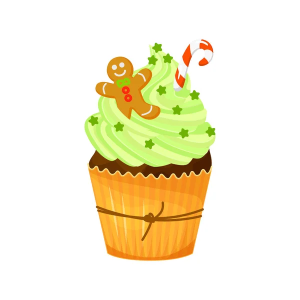 Sweet Christmas and New Year cupcake with cane and gingerbread. Creative element for your design. Vector illustration. — Stock Vector