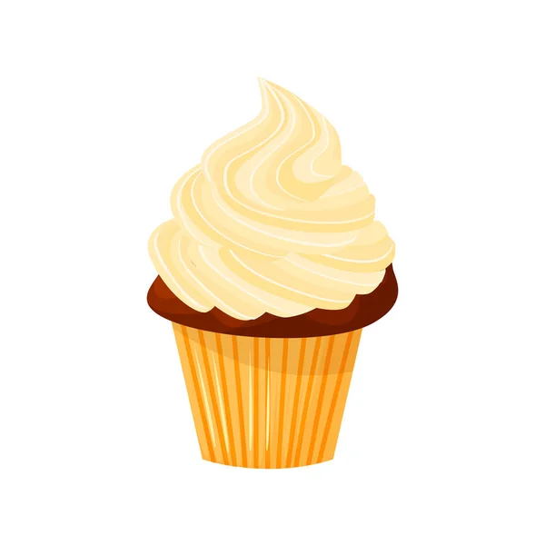 Vector cartoon style illustration of sweet cupcake. Delicious sweet dessert decorated with creme. Muffin isolated on white background. — Stock Vector