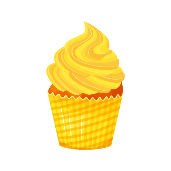 달콤한 컵 케 익의 벡터 만화 스타일의 일러스트입니다. 맛 있는 달콤한 디저트 노란색 크림으로 장식. 흰색 배경에 고립 된 머핀. — 스톡 벡터