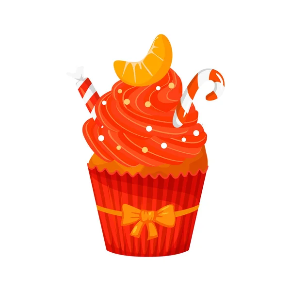 Sweet Christmas and New Year cupcake with cane and tangerine. Creative element for your design. Vector illustration. — Stock Vector