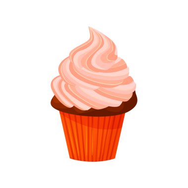 Vektör karikatür tarzı çizim tatlı kek. Lezzetli tatlı tatlı kırmızı krem ile dekore edilmiştir. Beyaz arka plan üzerinde izole kek.