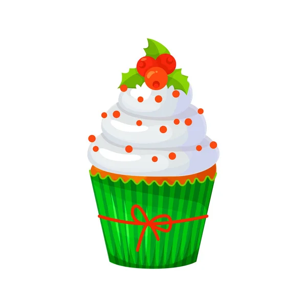 Sweet Christmas and New Year cupcake with berries. Creative element for your design. Vector illustration. — Stock Vector