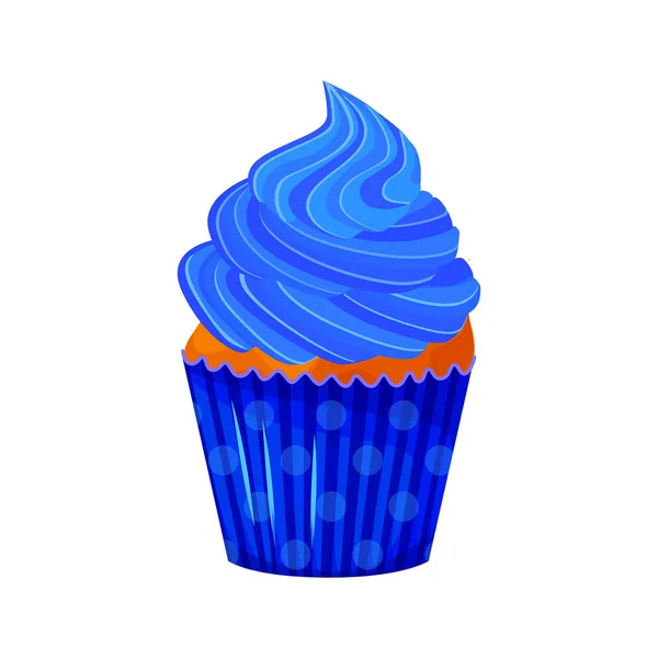 Ilustração estilo desenho animado vetorial de cupcake doce. Deliciosa sobremesa doce decorada com creme azul. Muffin isolado no fundo branco . —  Vetores de Stock