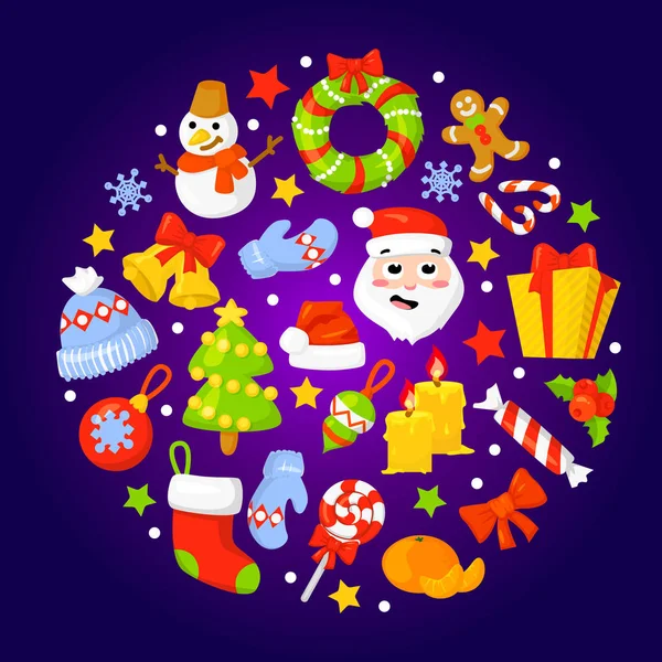 Vektorové ilustrace kreslené s zimním pozadím. Karikatura roztomilý vánoční předměty. Vektorový pozadí pro vaši dovolenou design. — Stockový vektor