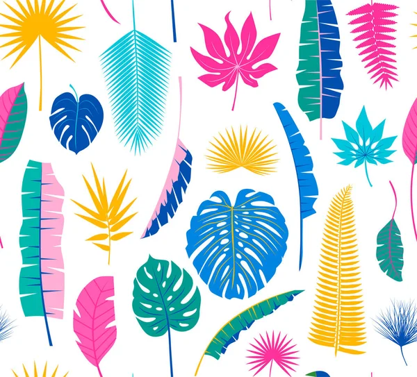 Hermoso fondo de patrón floral de selva tropical sin costuras con diferentes hojas de palma — Vector de stock