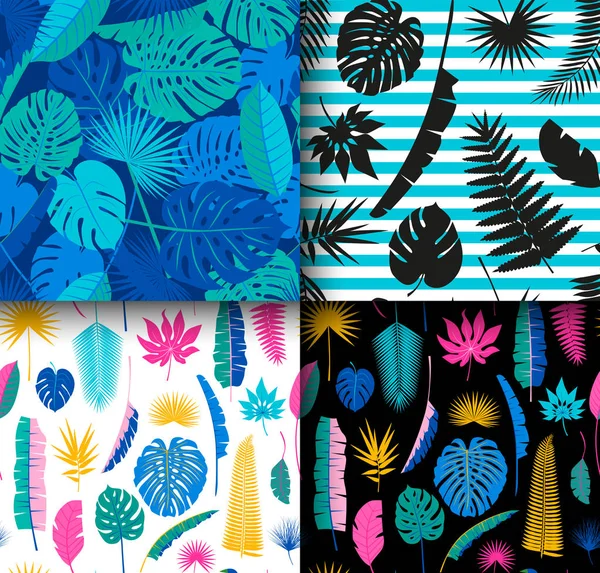 4 Hermosos patrones florales de selva tropical sin costuras de fondo con diferentes hojas de palma. conjunto . — Vector de stock