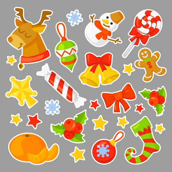 Set de pegatinas navideñas Colección Vector. dibujos animados. Un nuevo año los símbolos tradicionales. iconos objetos. Aislado — Vector de stock