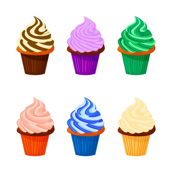 Ilustração estilo desenho animado vetorial de cupcakes doces. Deliciosas sobremesas doces decoradas com creme colorido. Preparado. Muffins isolados no fundo branco . —  Vetores de Stock
