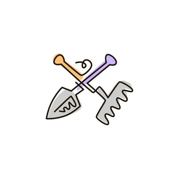 Vector Line Icon. Rake and shovel garden tools. One line colored drawing. Isolated on white background — Stock Vector