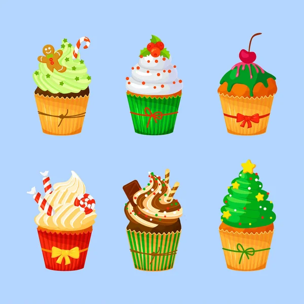 Set of sweet Christmas and New Year cupcakes. Creative elements for your design. Muffins isolated. Vector illustration. — Stock Vector