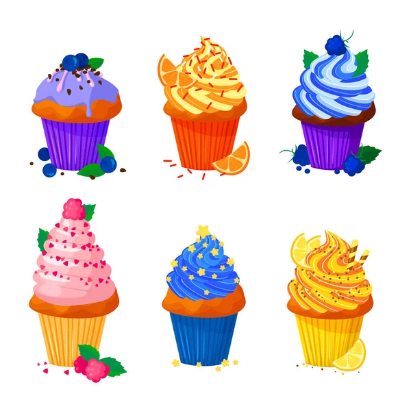 Ilustração estilo desenho animado vetorial de cupcakes doces. Deliciosas sobremesas doces decoradas com creme e polvilhas. Preparado. Muffins isolados no fundo branco . — Vetor de Stock