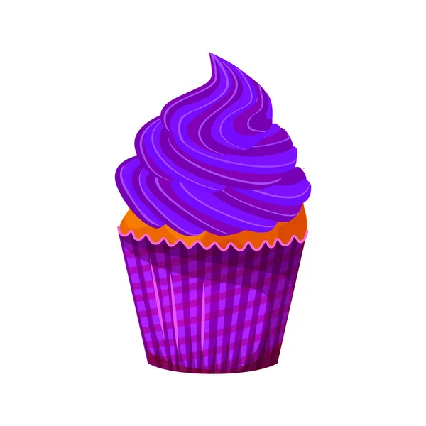 Ilustração estilo desenho animado vetorial de cupcake doce. Deliciosa sobremesa doce decorada com creme roxo. Muffin isolado no fundo branco . —  Vetores de Stock