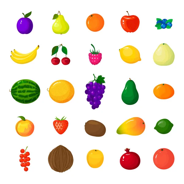 Conjunto de coloridos iconos de frutas de dibujos animados. Ilustración vectorial bayas y frutas en estilo de dibujos animados. Iconos aislados — Vector de stock