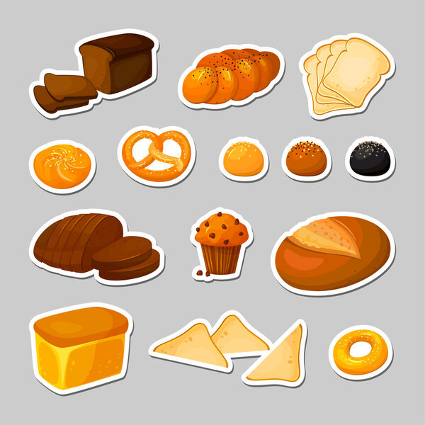 Хлеб. Наклейки изолированы. Пекарня - стиль мультфильма
