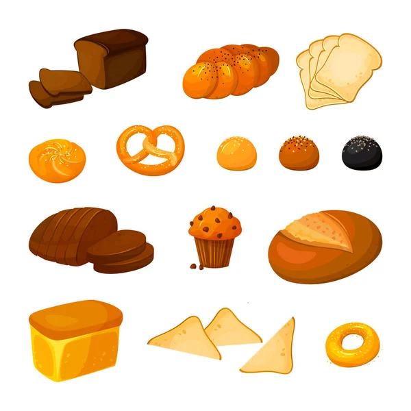 Conjunto vetorial de diferentes tipos de pão. Estilo dos desenhos animados — Vetor de Stock