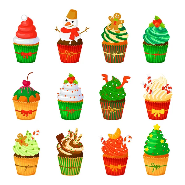 Vector Christmas cupcakes set isolated. cartoon style — Stock Vector