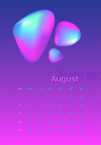 抽象的2019年最小日历设计。五颜六色的设置。八月 — 图库矢量图片