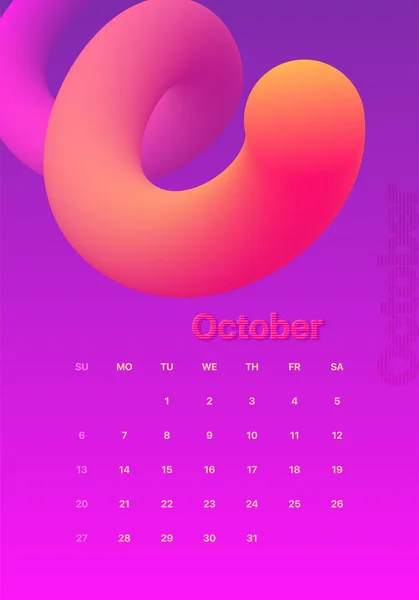 Abstraktes minimalistisches Kalenderdesign für 2019. buntes Set. Oktober — Stockvektor