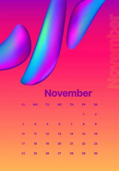 Design astratto del calendario minimo per il 2019. Set colorato. novembre — Vettoriale Stock