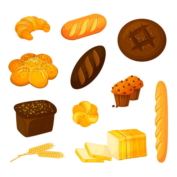 Conjunto vectorial de diferentes tipos de pan. Estilo de dibujos animados Ilustración De Stock