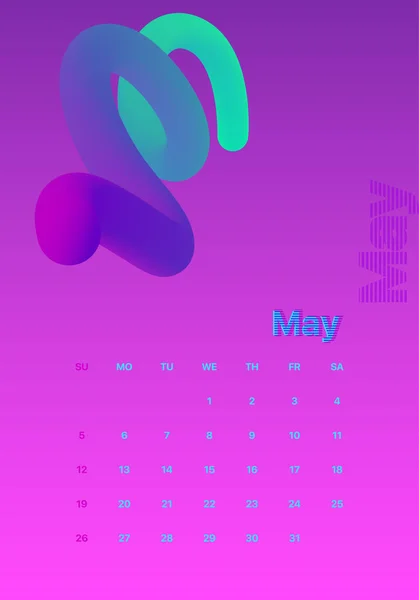 Diseño de calendario mínimo abstracto para 2019. Conjunto colorido. Mayo — Vector de stock